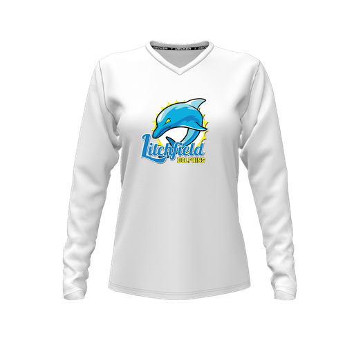 [CUS-DFW-TEES-CMF-VNK-LSL-WHT-FYXS-LOGO1] Comfort T-Shirt (Female Youth XS, White, V Neck, Logo 1, Long Sleeve)