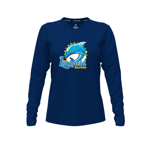 [CUS-DFW-TEES-CMF-VNK-LSL-NVY-FYXS-LOGO1] Decker Comfort T-Shirt (Female Youth XS, Navy, V Neck, Logo 1, Long Sleeve)