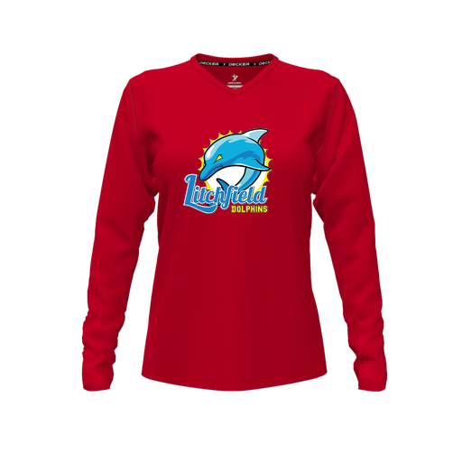 [CUS-DFW-TEES-CMF-VNK-LSL-RED-FYXS-LOGO1] Decker Comfort T-Shirt (Female Youth XS, Red, V Neck, Logo 1, Long Sleeve)