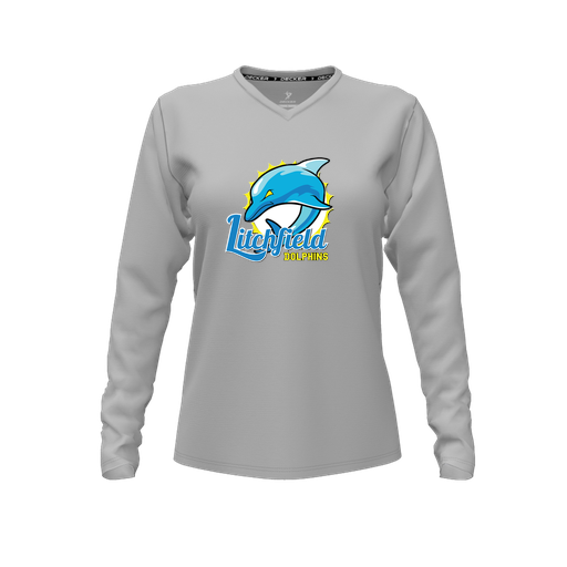 [CUS-DFW-TEES-PER-VNK-LSL-GRY-FYXS-LOGO1] Performance T-Shirt (Female Youth XS, Gray, V Neck, Logo 1, Long Sleeve)